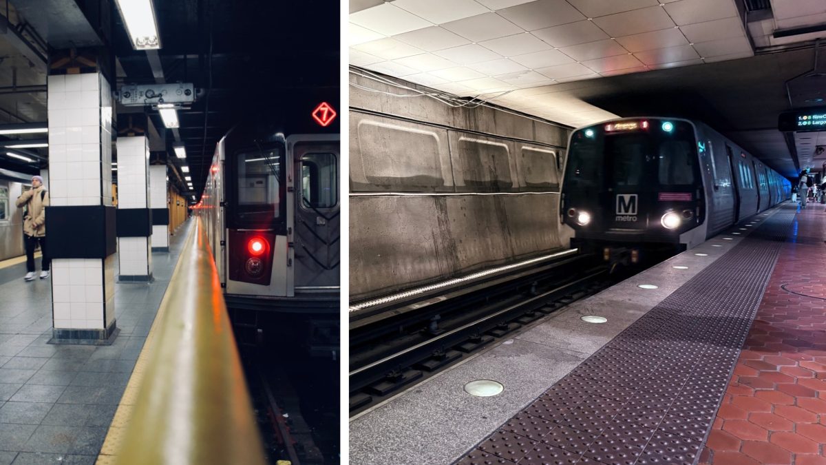 Left: A 7 Express Train at Flushing-Main St (NYC Subway)
Right: A New Carrollton-bound Orange Line train arriving at MetroCenter (Washington Metro)