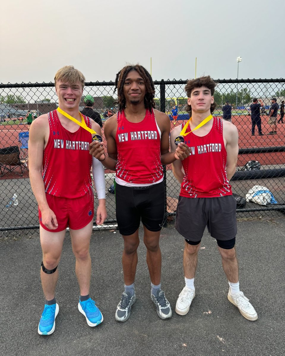 Brycen Gaiser, Antonio Camarra, and Josh Knapp placed first in their events at sectionals.  Photo from New Hartford Central School District Facebook Page (Spring 2025)