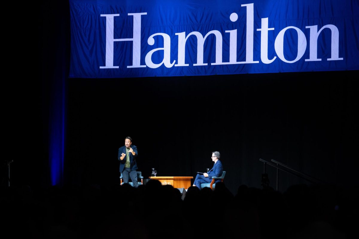 Lin-Manuel Miranda speaks to students, faculty and community members at Hamilton College in September 2025. Photo used with permission from Adam Brockway. 