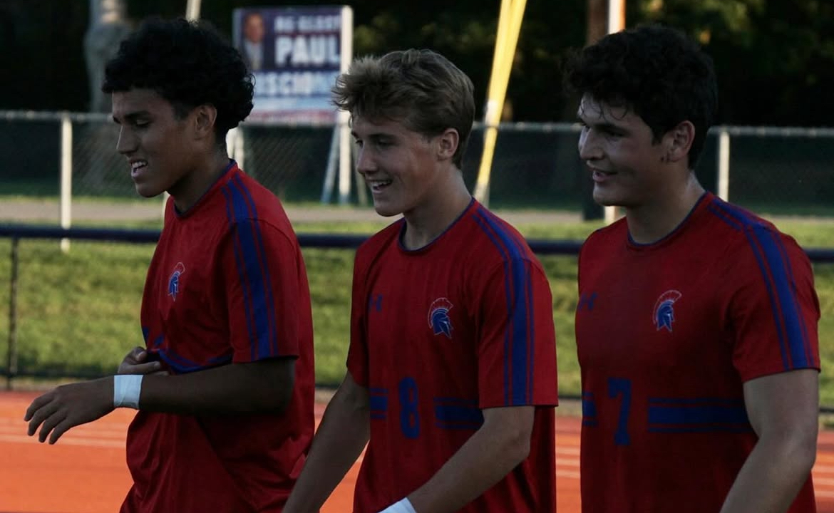 Juniors (pictured left to right) Nick Dubon, Soren Stevenson, and Brendan Gruneich. All three recorded either a goal or an assist and were instrumental in the Spartans' victory.