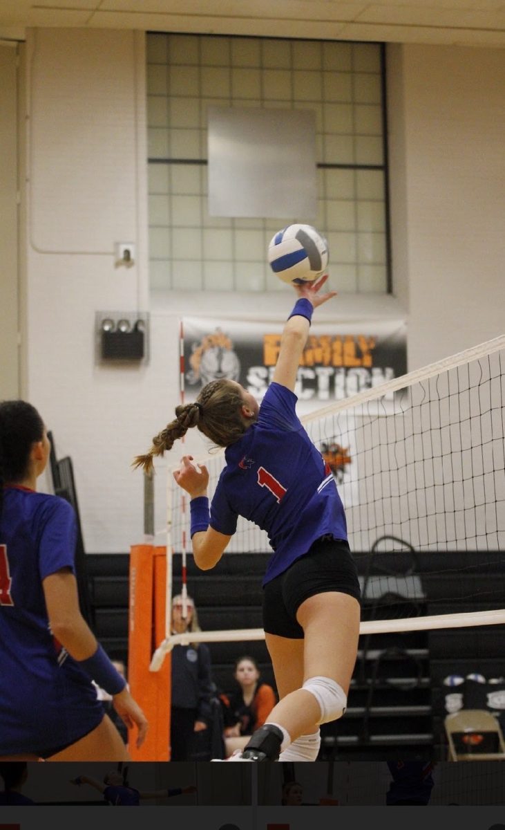Leah Brennan in action, killing the volleyball to earn a point