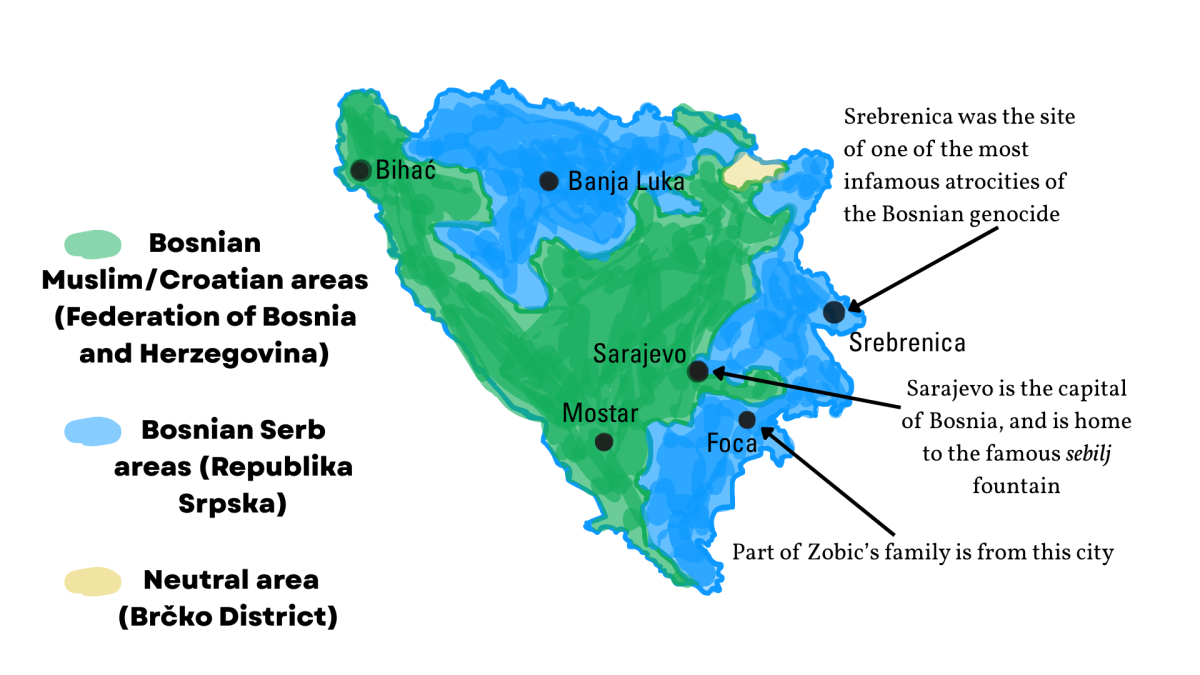 Map of present-day Bosnia; following the end of the war, Bosnia was divided along ethnic lines into two separate areas. 