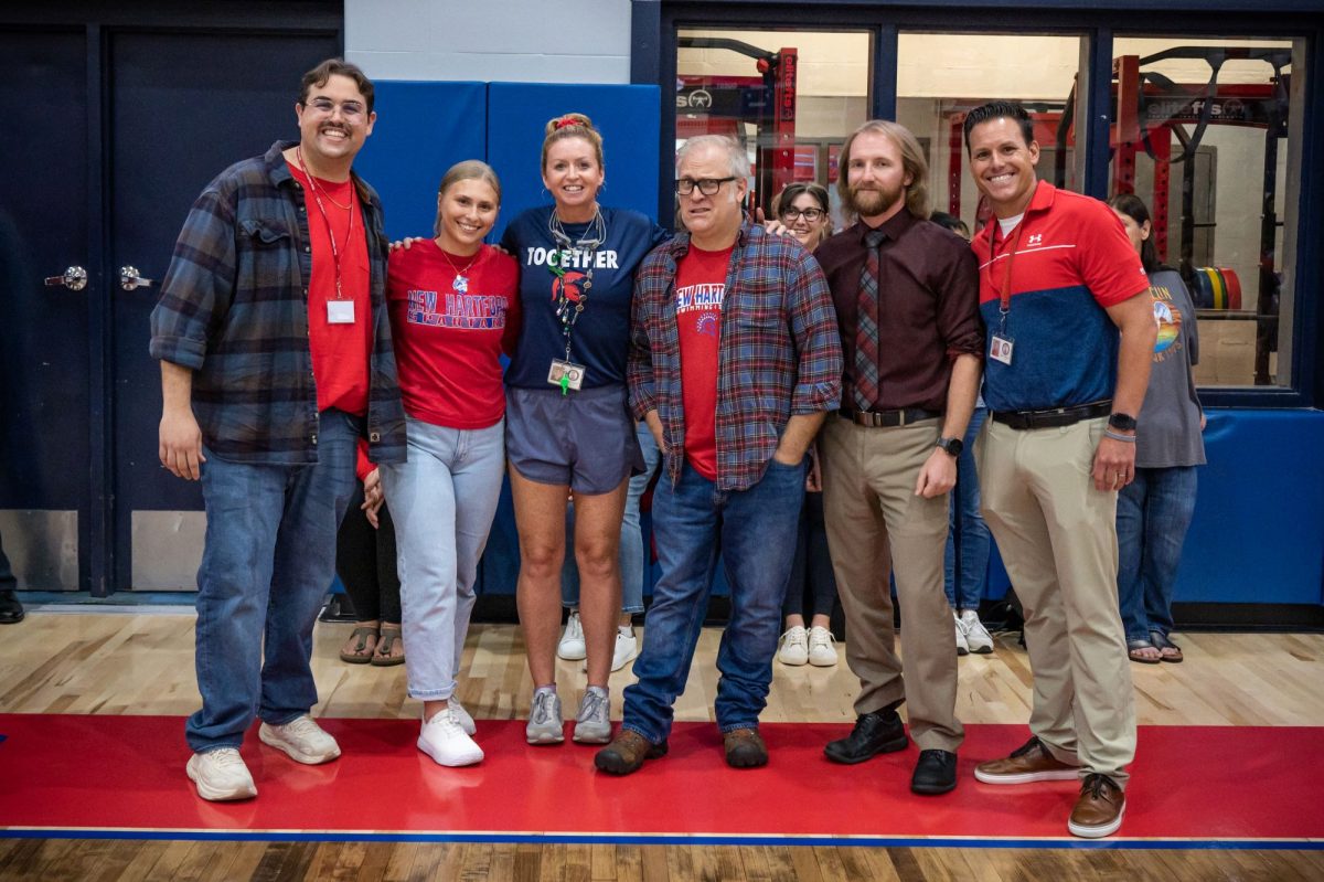 The teacher squad competed in relay races at the pep rally: Mr. Howard, Ms. Winfield, Mrs. Randall, Mr. McNair, Mr. Jeror and Mr. McFarland.  Fall 2025. 