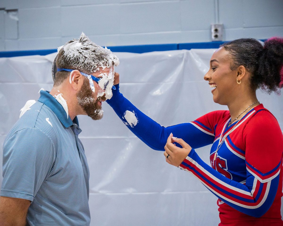 Anayla Thompson pies Mr. Williams in the face at the pep rally.  Fall 2025. 